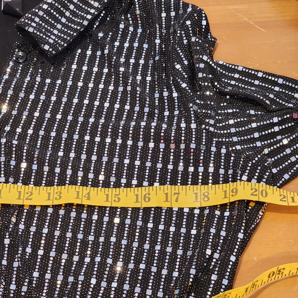 Cider Silver Sequin Metallic Button Up Long Sleeve Mini Dress Black Large - Picture 8 of 12